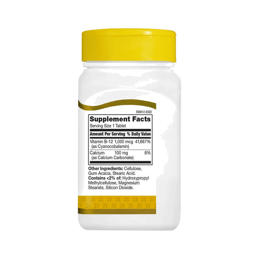 Rueckseite der 21st Century Vitamin B-12 1000 mcg Verpackung mit Nährwerttabelle, 40000 Prozent NRV und Zutatenliste