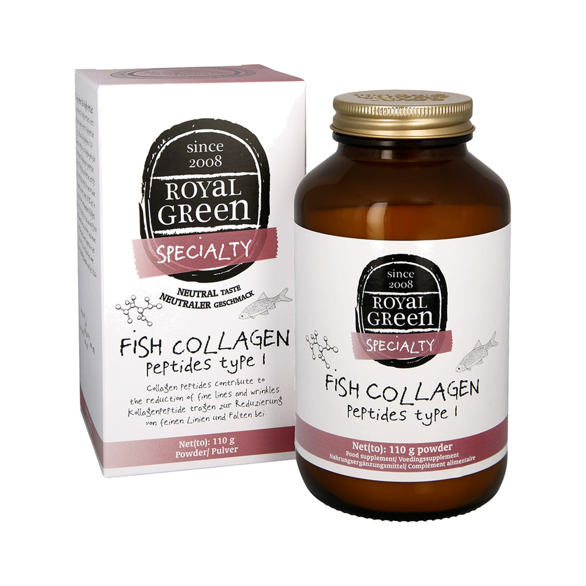NĂ€hrwertangaben und Etikett von Green Fish Collagen Peptides mit reinem Meereskollagen Typ 1 aus nachhaltigem Wildfang.