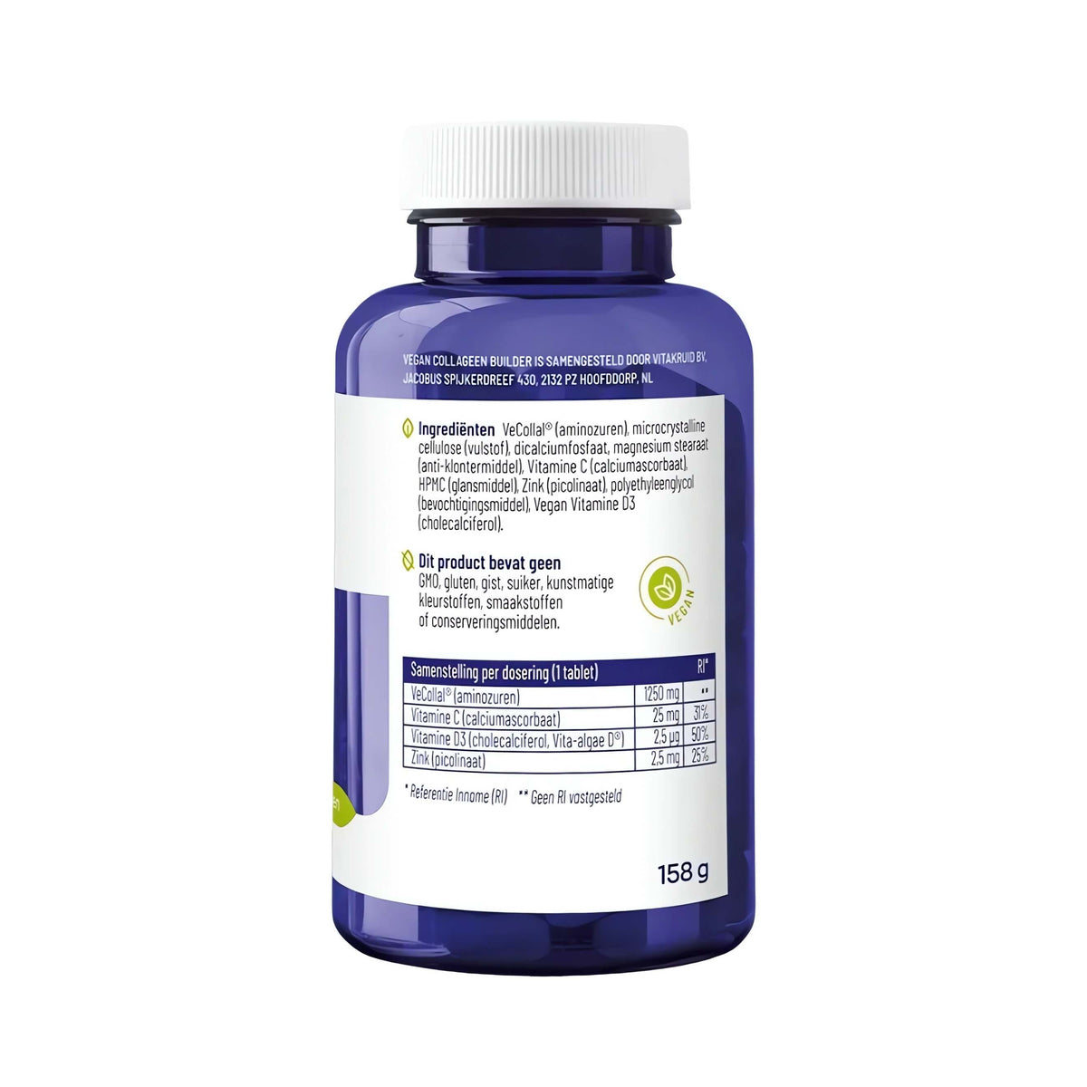 Veganes Kollagen Supplement von Vitakruid mit VeCollal®, Aminosäuren, Vitamin C, Vitamin D3 und Zink – innovative vegane Alternative zu klassischem Fisch- und Rinderkollagen.