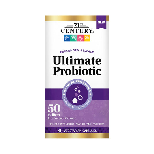 21st Century Ultimate Bacteria Strain Blend Kapseln Vorderansicht der Dose mit 50 Milliarden Lebendkulturen und vier Bakterienstämmen