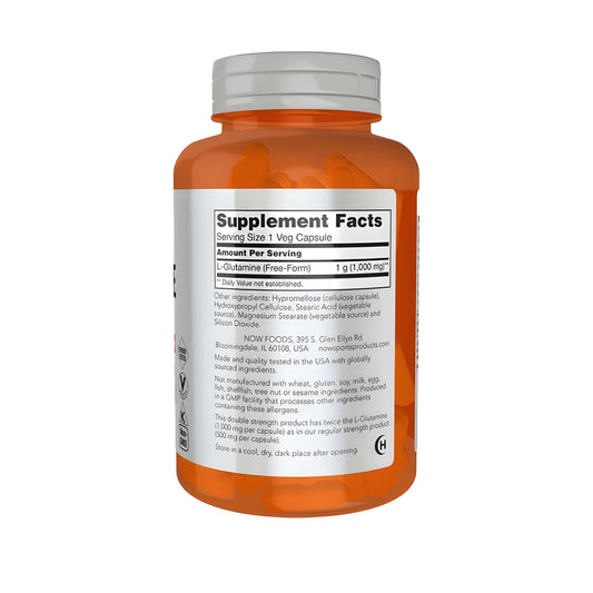 Hochdosierte L-Glutamin-Kapseln von NOW Foods mit 1000 mg L-Glutamin pro Kapsel für Sportler, Fitness und moderne Sportnahrung