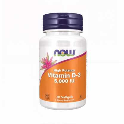 NOW Foods Vitamin D3 5000 IE Softgels mit ölgelöster Formel und hochwertigem Vitamin D3 für die tägliche Versorgung.