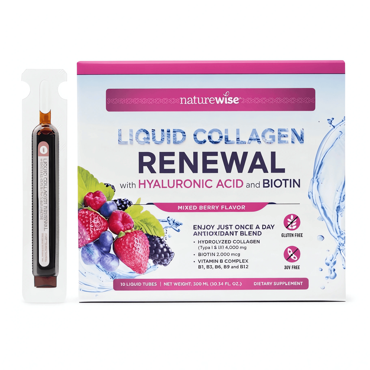 NatureWise Liquid Collagen mit 4000 mg hydrolysierten Kollagenpeptiden Typ I & III, Hyaluronsäure, Biotin, Vitamin C, flüssiges Kollagen für Haut, Haare, Nägel, Gelenke, Bindegewebe, Beauty Drink mit Beerengeschmack.
