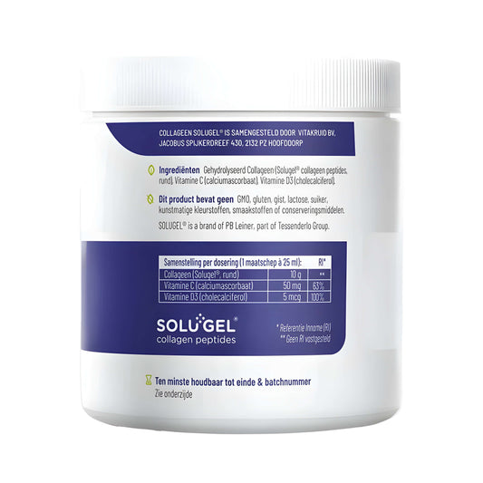 Collagen Solugel® Pulver von Vitakruid mit Kollagenpeptiden Typ I, Vitamin C für normale Kollagenbildung und Vitamin D3 für Knochen, hochwertiges Kollagen Nahrungsergänzungsmittel für Beauty, Haut, Haare, Nägel und Bindegewebe.