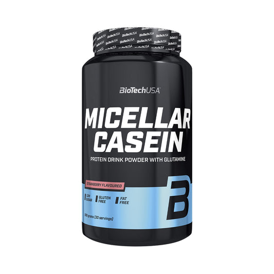 BioTechUSA Micellar Casein 908 g Erdbeere – mizellares Casein Proteinpulver mit 22 g Protein und L-Glutamin