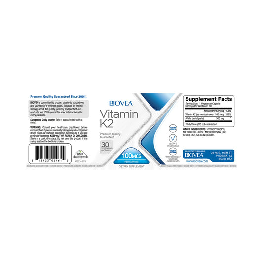 Vitamin K2 100 mcg – Biovea – Knochen, Blutgerinnung, 30 Kapseln