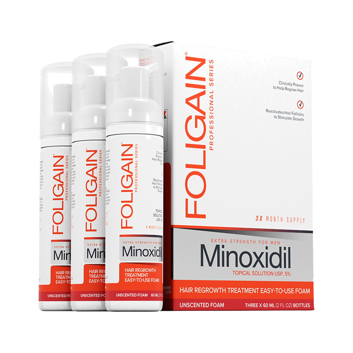 Foligain Minoxidil 5% Haarwuchs-Schaum für Männer – 3x60ml (3-Monats-Vorrat)