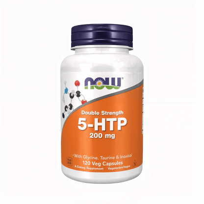 NOW Foods 5-HTP Double Strength 200 mg vegane Kapseln Aminosäure Supplement mit Glycin Taurin Inositol Premium Nahrungsergänzung für Fokus mentale Balance und tägliche Wellness Routine