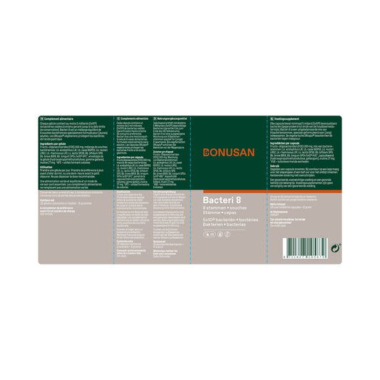 Bonusan Bacteri 8 Kapseln – 8 Bakterienstämme mit FOS & Inulin – 5 Mrd. KBE – 28 Kapseln