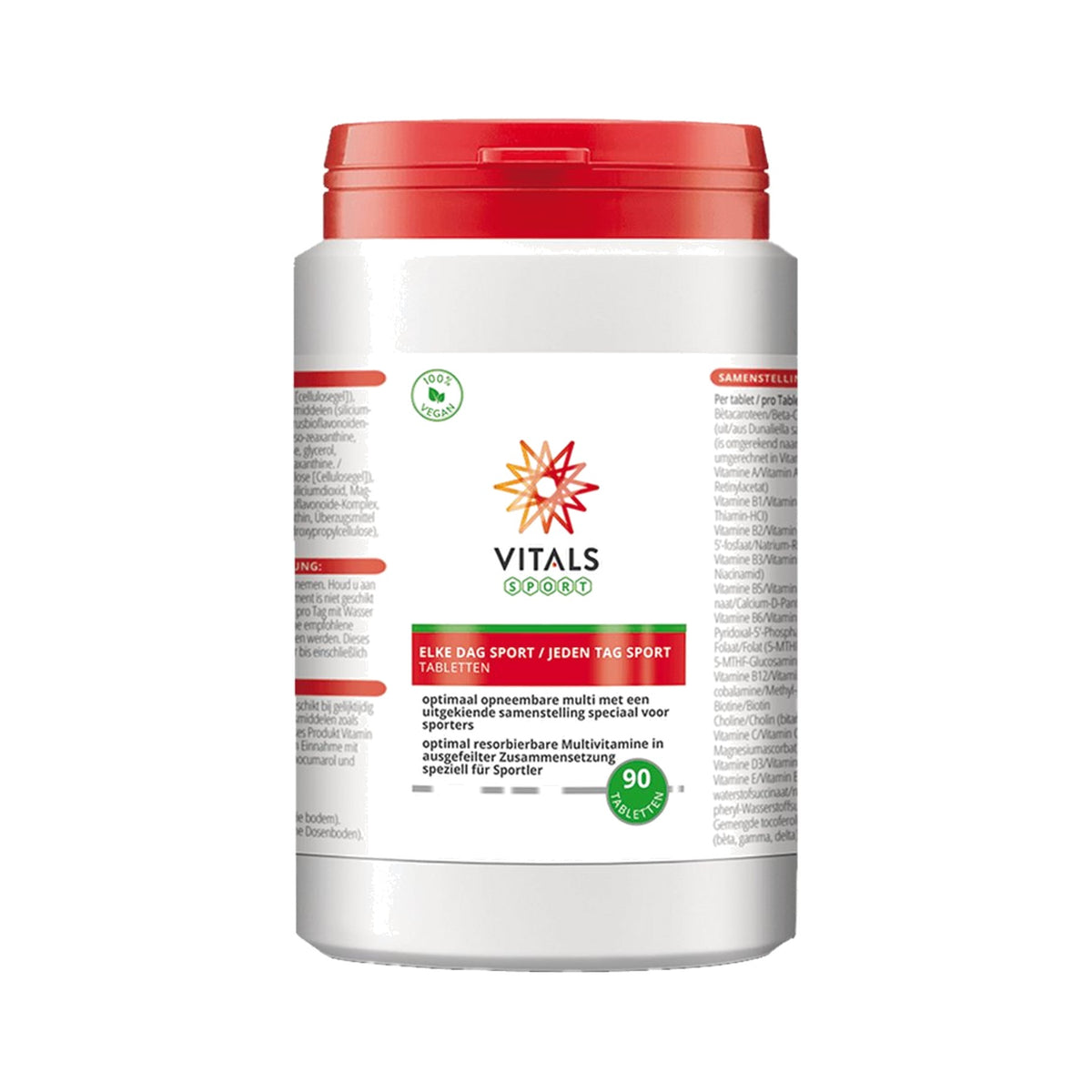 Rückseite der Every Day Sport Tablets Vitals Dose mit Produktinformationen für Sportler.